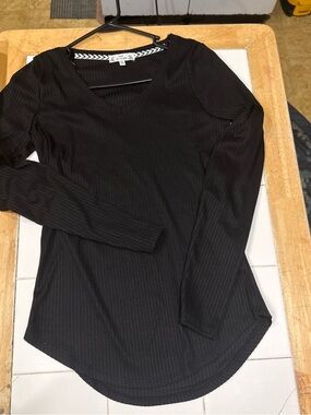 Poof! Black Ribbed V-Neck Long Sleeve Top